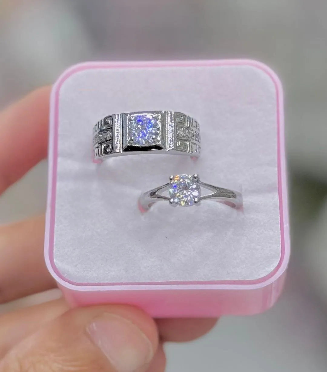 2 Pcs Silver Crystal Couple Ring