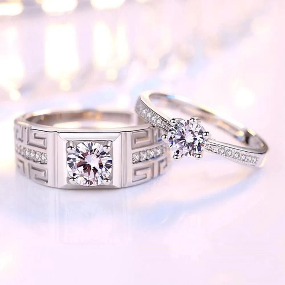 2 Pcs Silver Crystal Couple Ring