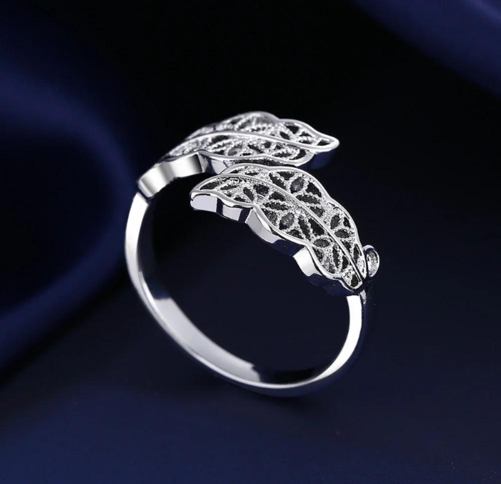 Leaf Design Silver Plated Zircon Adjustable Ring